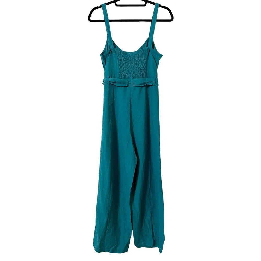 ROXY NWT Mind Trip Jumpsuit Sz S Biscay Bay Teal Waist Tie Smocked Back Linen Bl - Picture 3 of 6